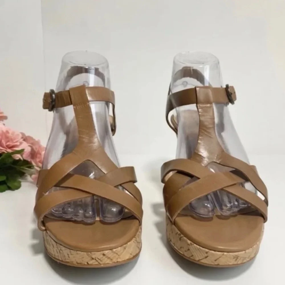 Tahari Sarah Brown Leather Strappy Wedge Sandals
